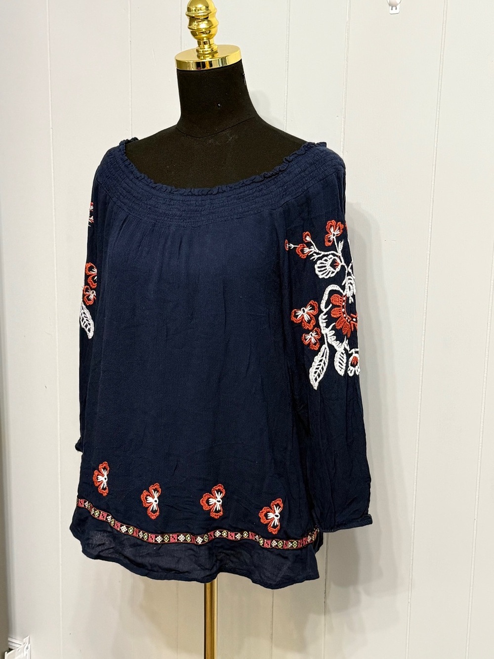 #5) Hannah Navy Off-Shoulder Embroidered Tunic with Red & White Floral Detail